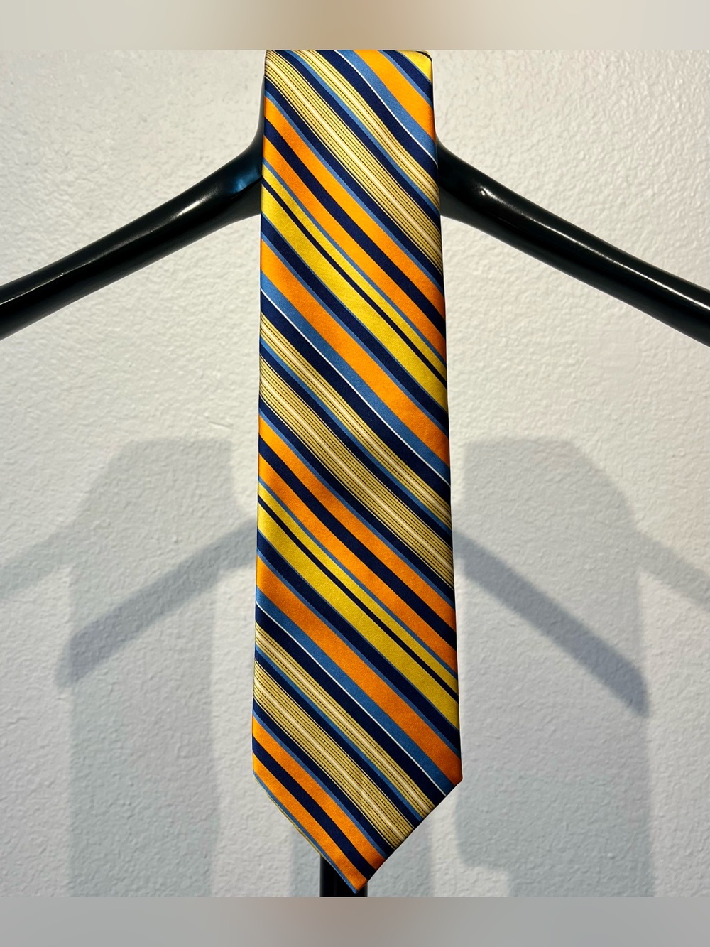 Geoffrey Beene Orange, Yellow & Navy Diagonal Stripe Silk Tie - Stain-Resistant!